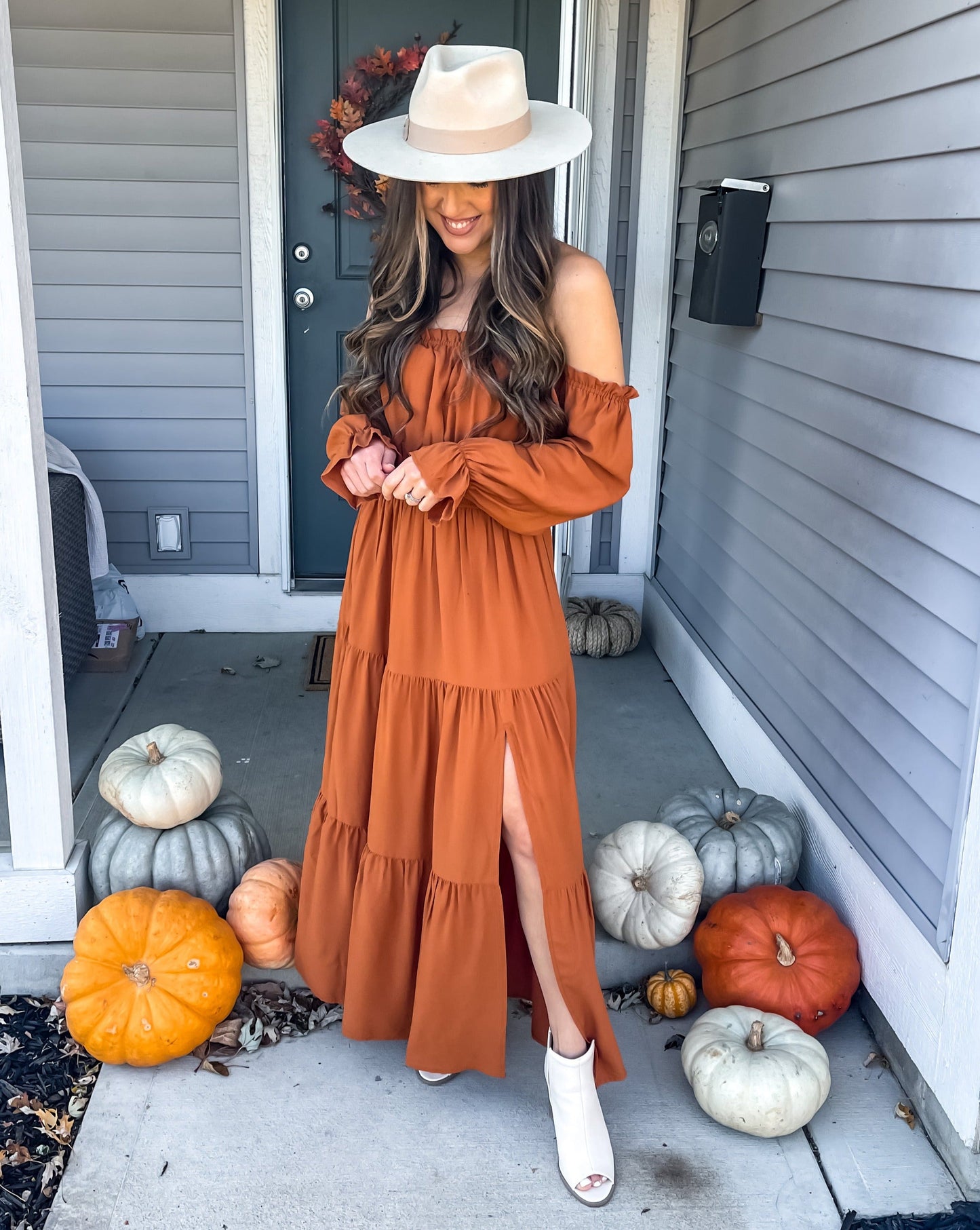 ZESICA Off Shoulder Smocked High Waist Side Split Maxi Dress