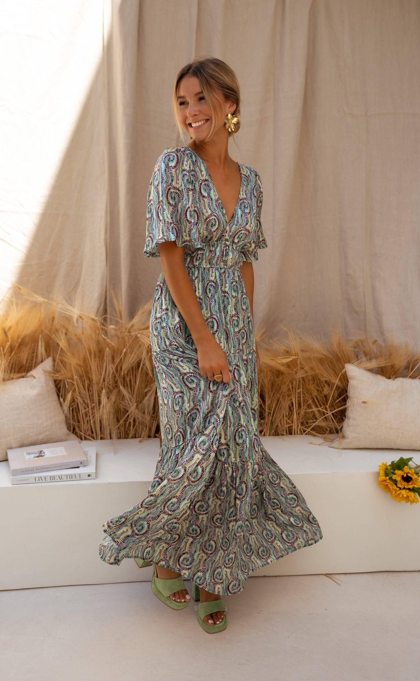 Robe Loane - verte à motifs