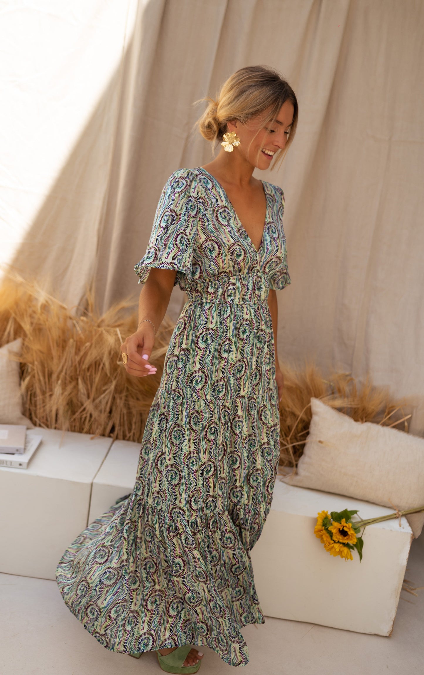 Robe Loane - verte à motifs