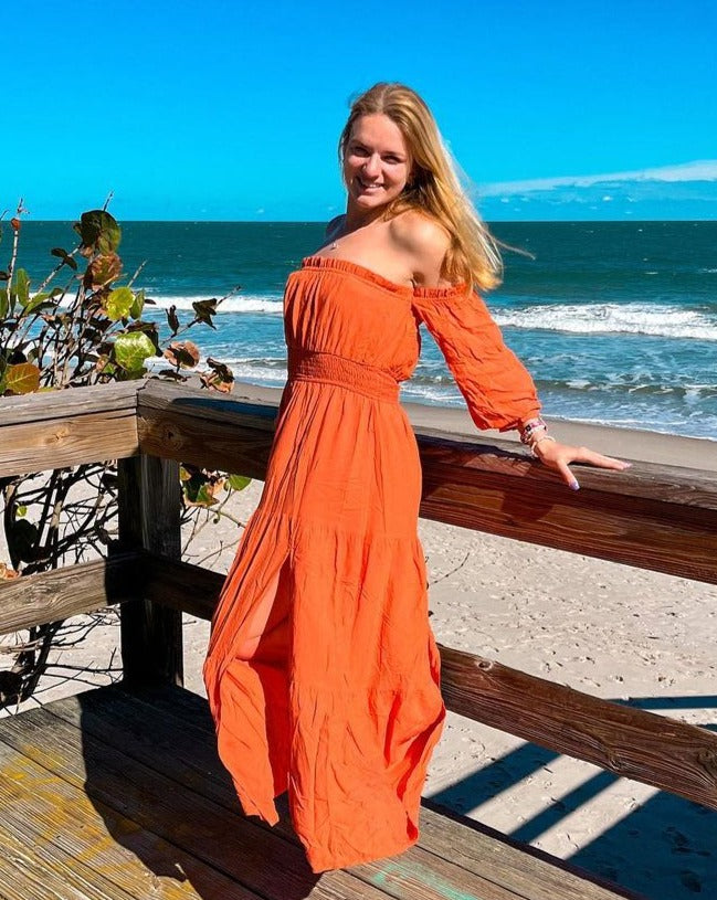 ZESICA Off Shoulder Smocked High Waist Side Split Maxi Dress
