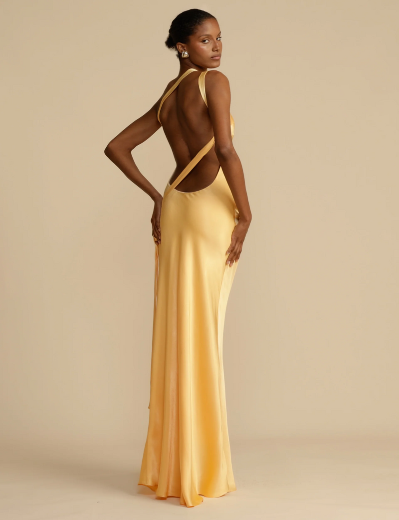 SYLVIA | ROBE LONGUE ASYMÉTRIQUE EN SATIN DOS NU