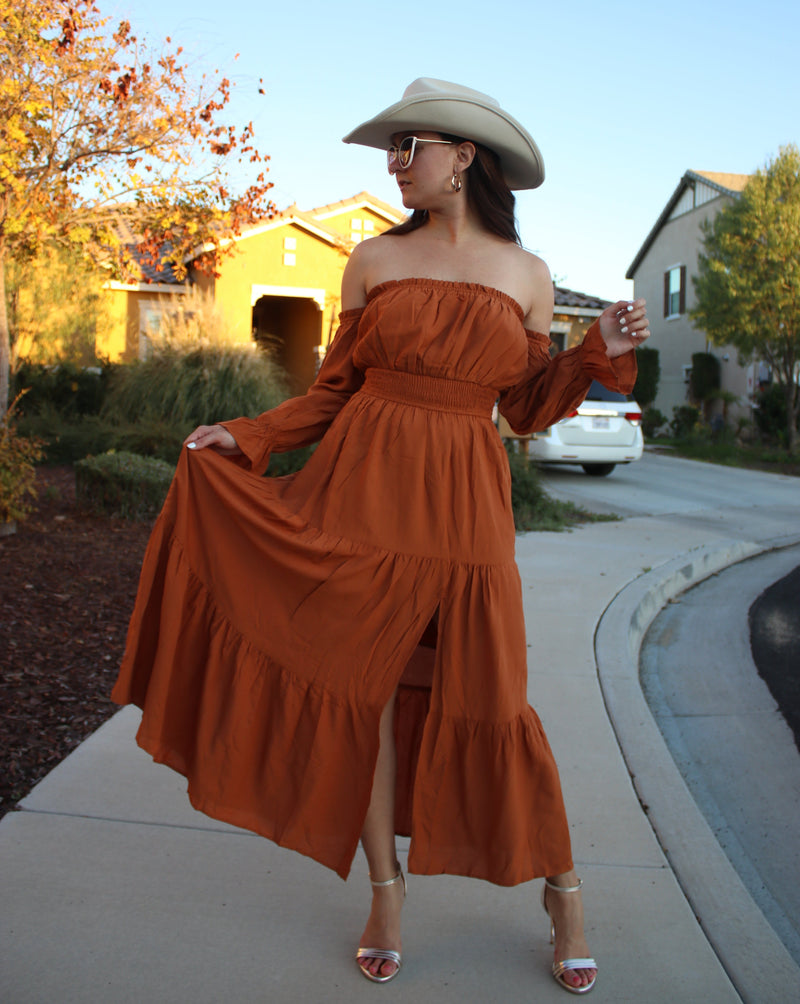 ZESICA Off Shoulder Smocked High Waist Side Split Maxi Dress
