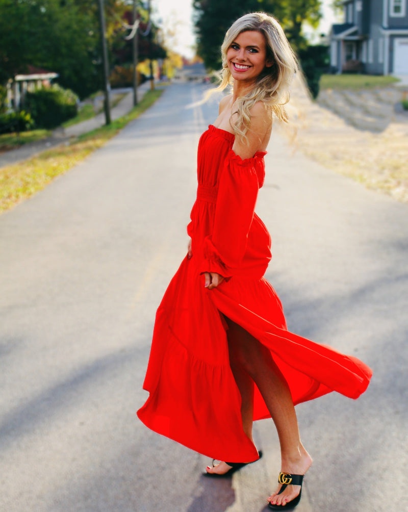 ZESICA Off Shoulder Smocked High Waist Side Split Maxi Dress