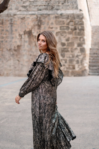 Long Dress Ruffle Sparkle Black Gold