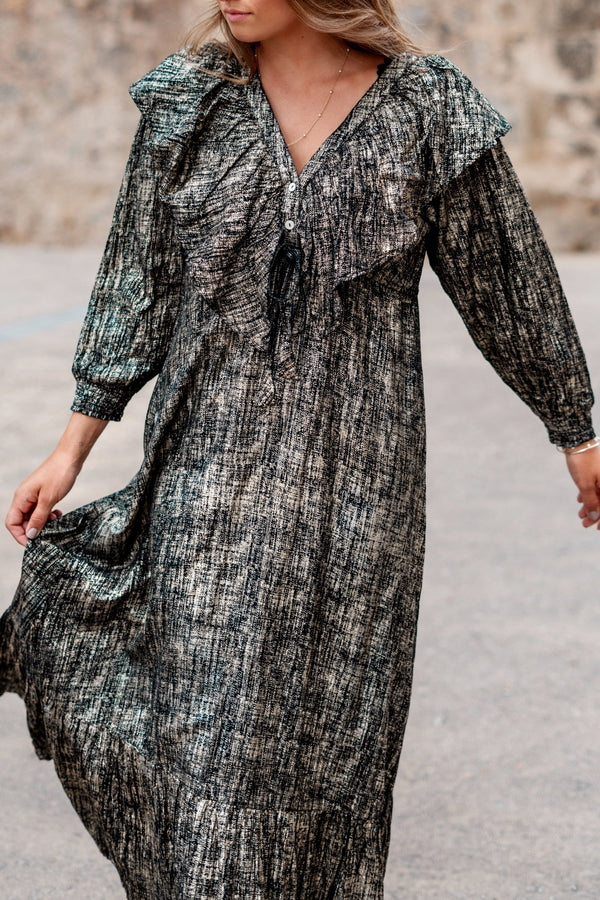 Long Dress Ruffle Sparkle Black Gold