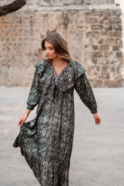 Long Dress Ruffle Sparkle Black Gold