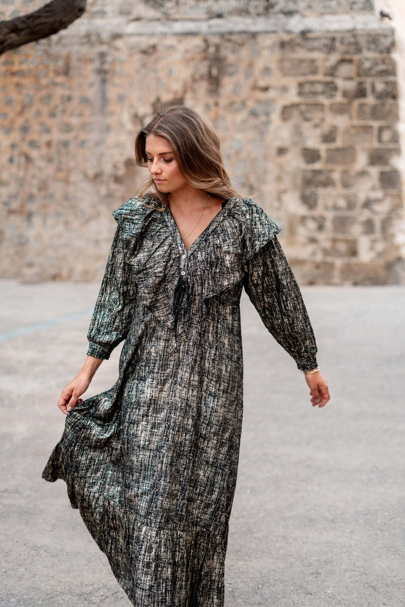 Long Dress Ruffle Sparkle Black Gold