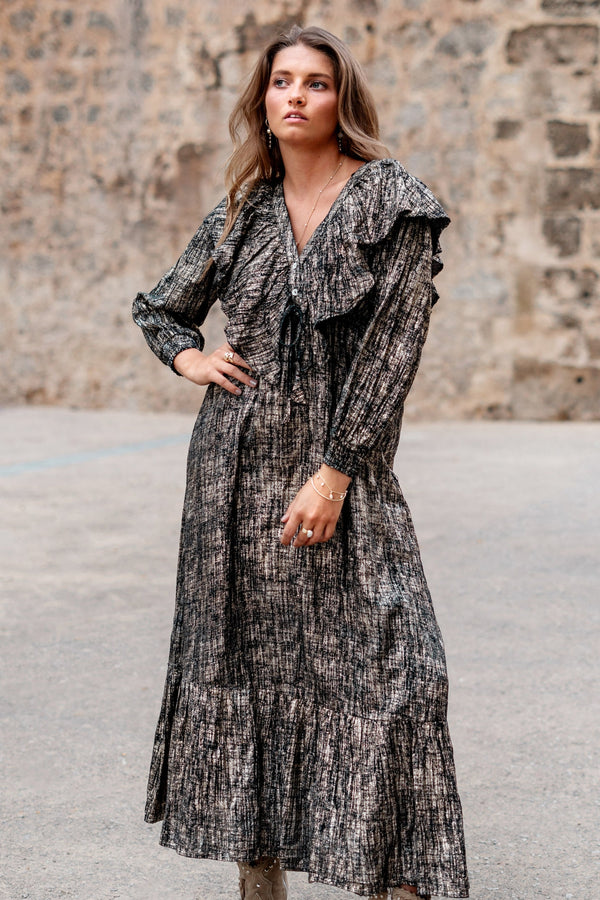 Long Dress Ruffle Sparkle Black Gold