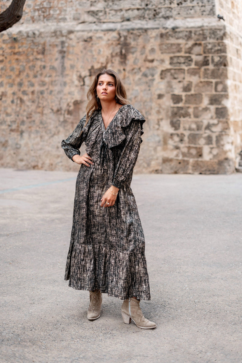 Long Dress Ruffle Sparkle Black Gold