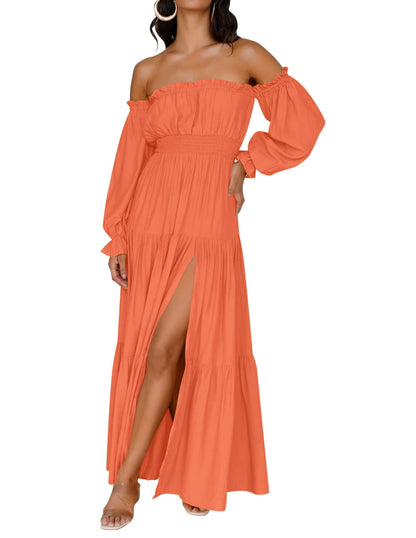 ZESICA Off Shoulder Smocked High Waist Side Split Maxi Dress