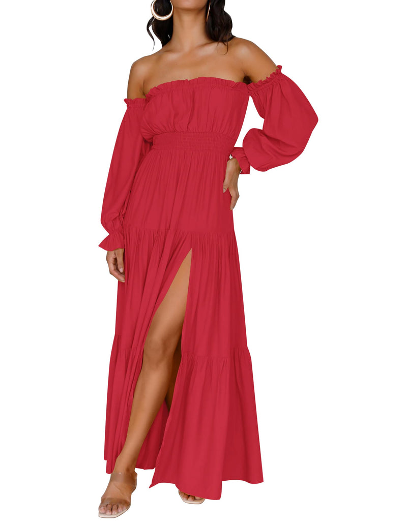 ZESICA Off Shoulder Smocked High Waist Side Split Maxi Dress