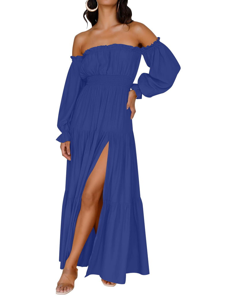 ZESICA Off Shoulder Smocked High Waist Side Split Maxi Dress