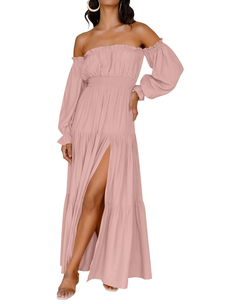 ZESICA Off Shoulder Smocked High Waist Side Split Maxi Dress