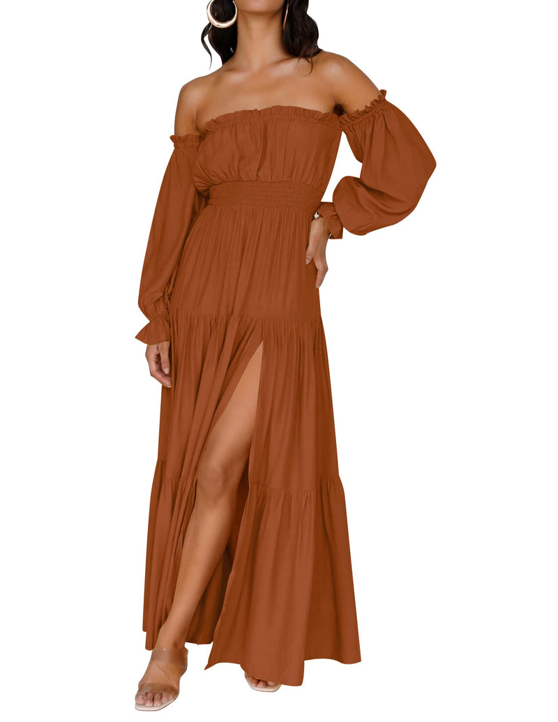 ZESICA Off Shoulder Smocked High Waist Side Split Maxi Dress