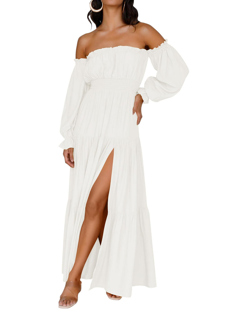 ZESICA Off Shoulder Smocked High Waist Side Split Maxi Dress