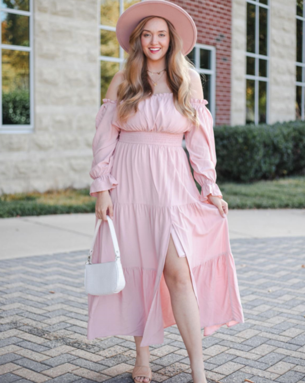 ZESICA Off Shoulder Smocked High Waist Side Split Maxi Dress