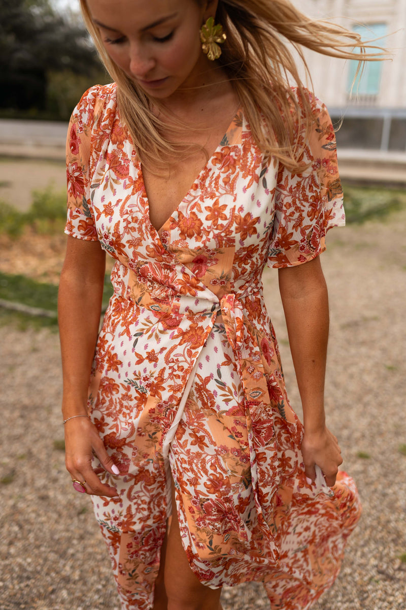 Robe Leidi - orange à fleurs
