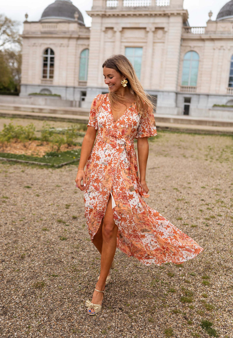 Robe Leidi - orange à fleurs