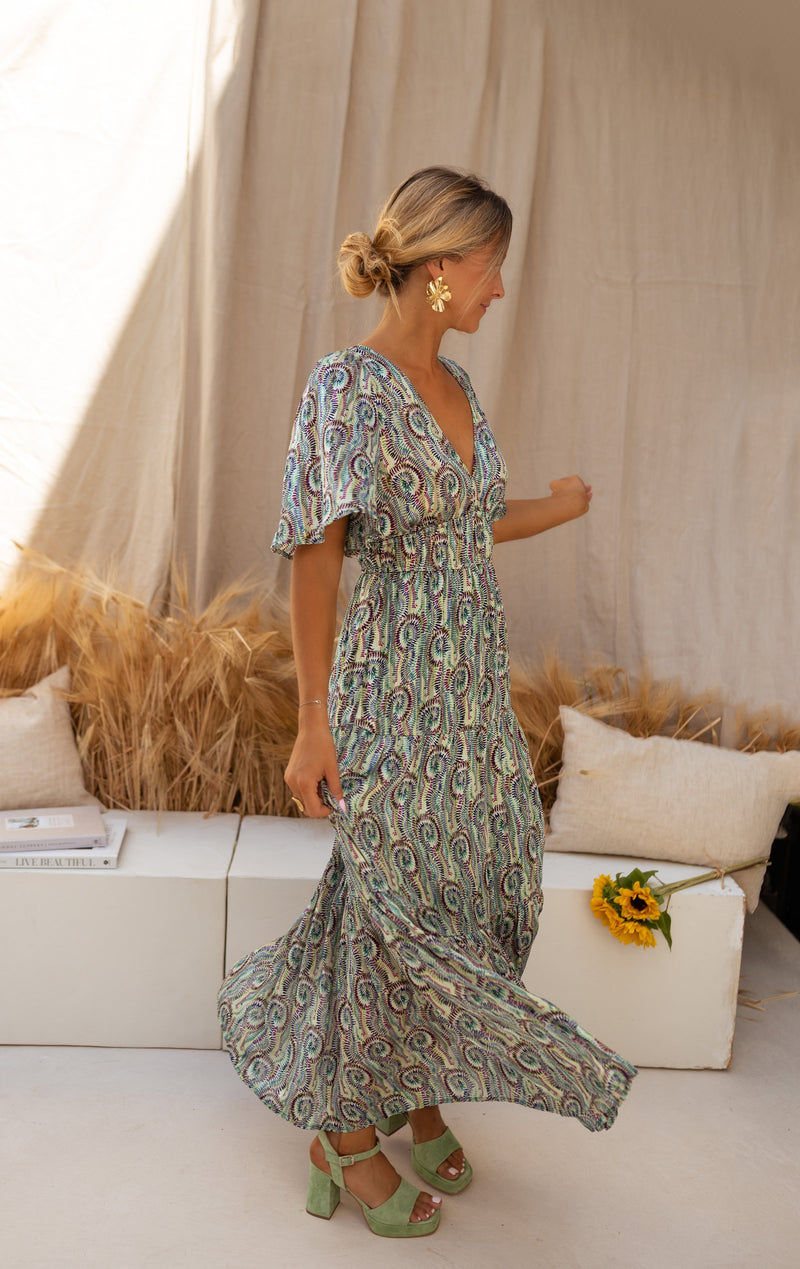 Robe Loane - verte à motifs